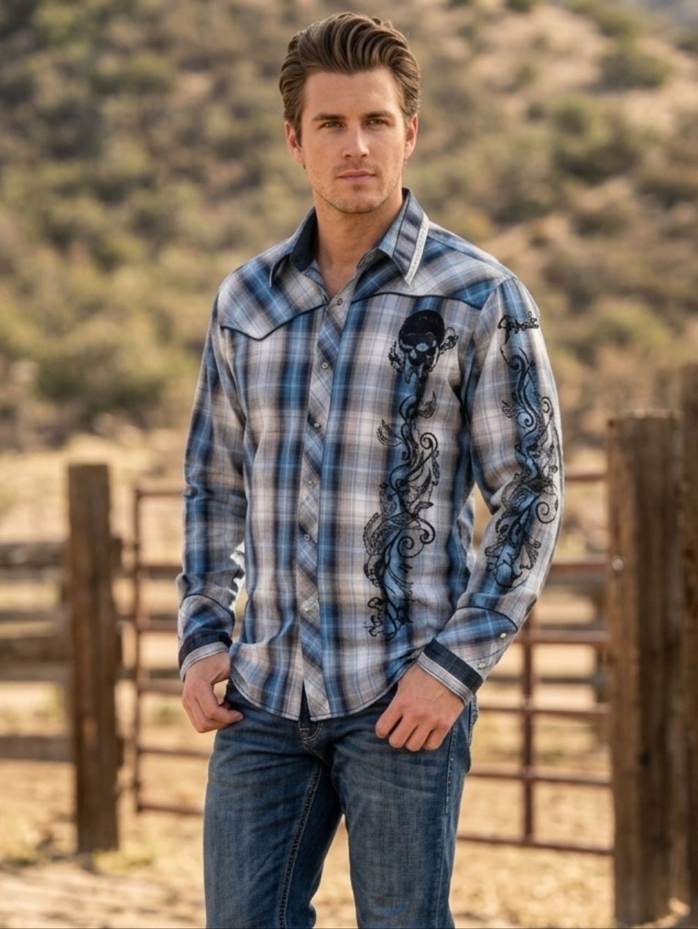 Men's Fender Western Plaid Embroidered/Skull Size S